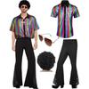 Men Classic Casual Retro Shiny Disco Performance Outfit Set Shirt with Button Front and Flared Pants with Mesh Inserts and Afro Wig and Sunglasses