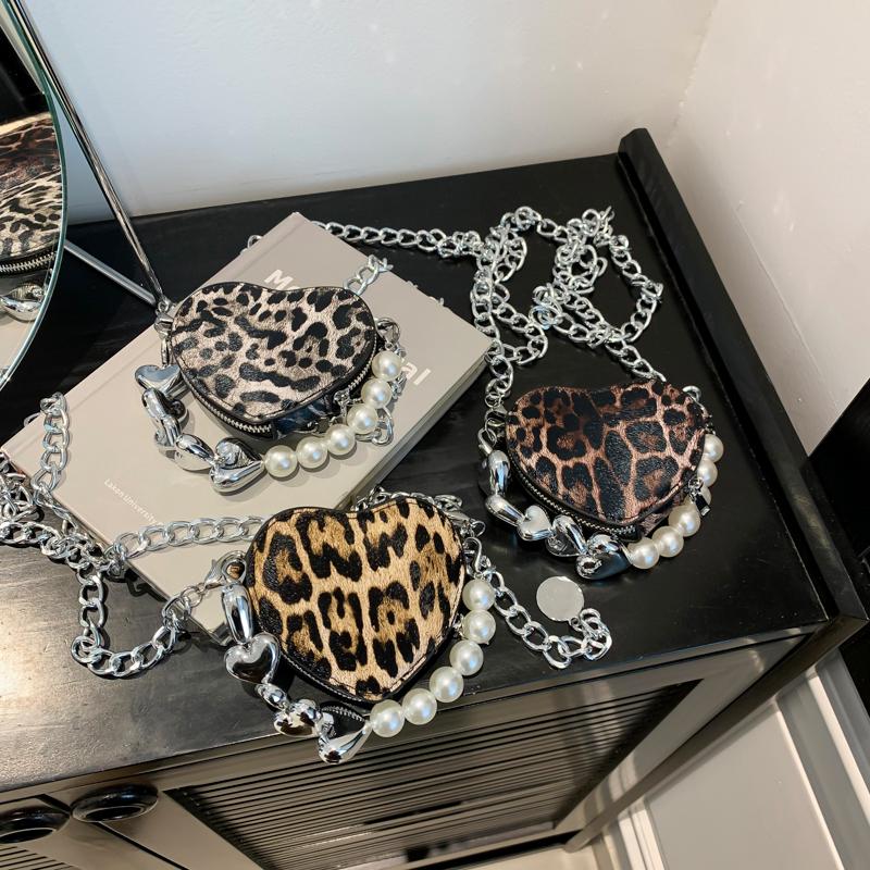 Bolsos de hombro de PU con estampado de leopardo en forma de corazón con cadenas y cuentas, estilo chica, bolsos bandolera súper geniales
