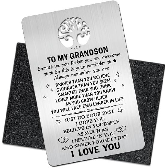 To My Grandson I Love You Wallet Card, Engraved Metal Wallet Insert Card with Love Note from Grandpa Grandma, Inspirational Gifts Graduation