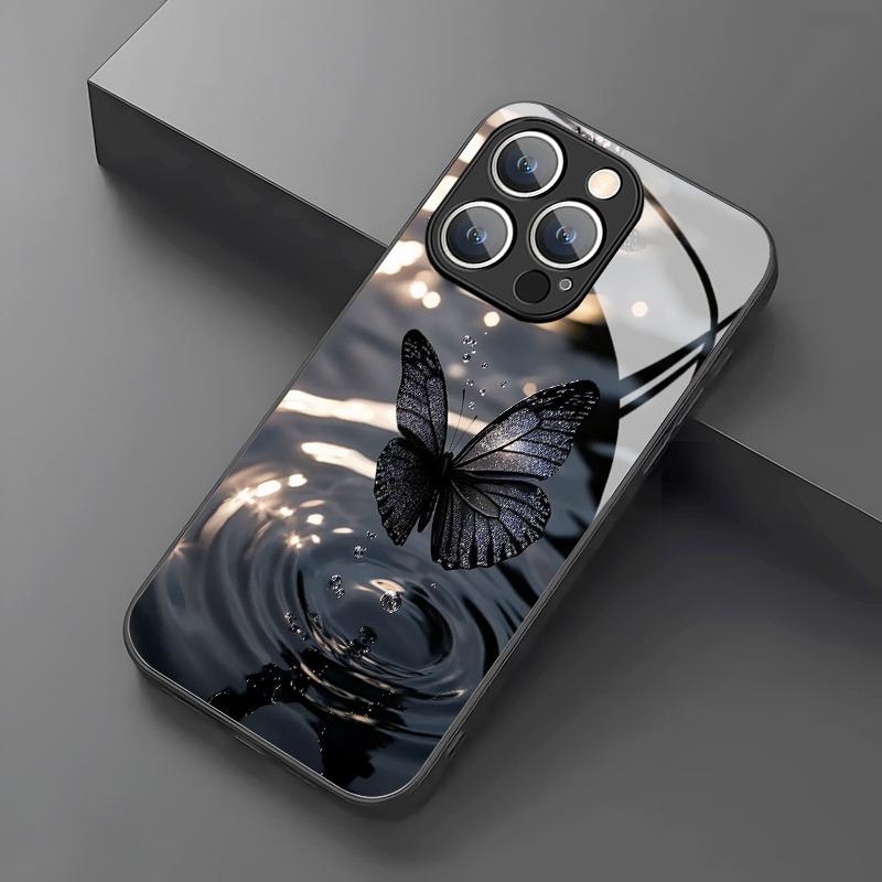 Premium Schwarzes Schmetterlingsmuster Gehärtetes Glas Handyhülle Für iPhone 17 16 15 14 13 12 11 Pro Max 17Air 16E 7 Plus XR XS X Hülle