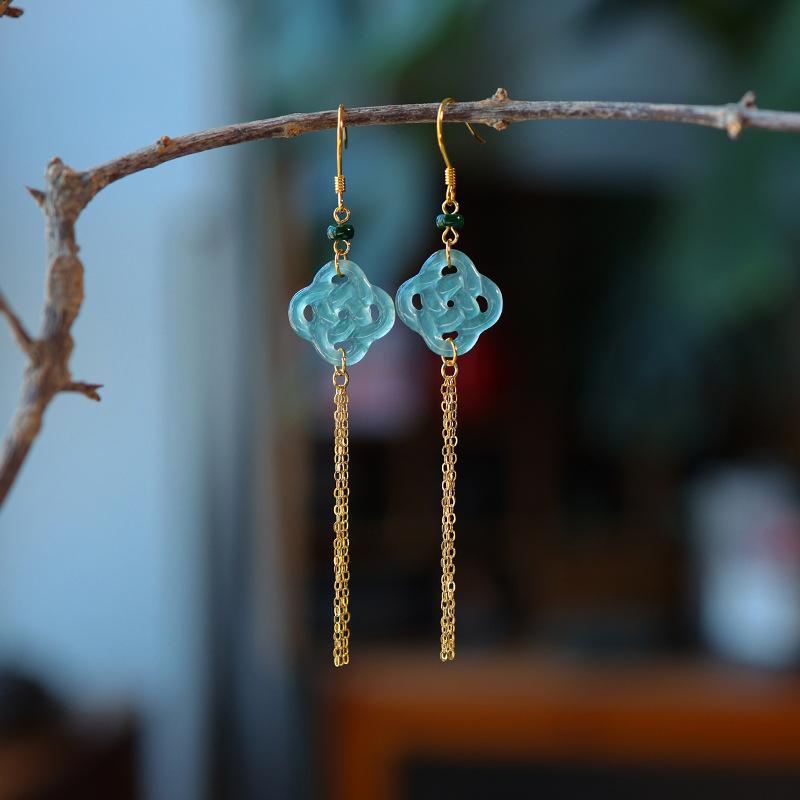 Elegant Burmese Jade Ruyi Knot Tassel Earrings with Abacus Beads