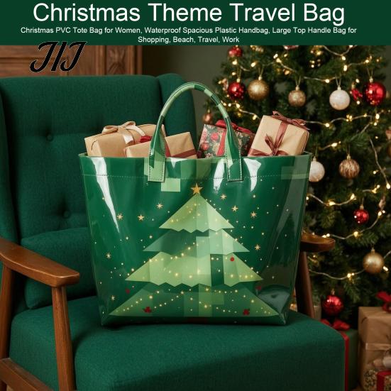 Christmas Theme Travel Bag PVC Tote for Women, Waterproof Spacious Plastic Handbag, Holiday Seasonal Handbag Large Top Handle Shopping, Beach, Travel,
