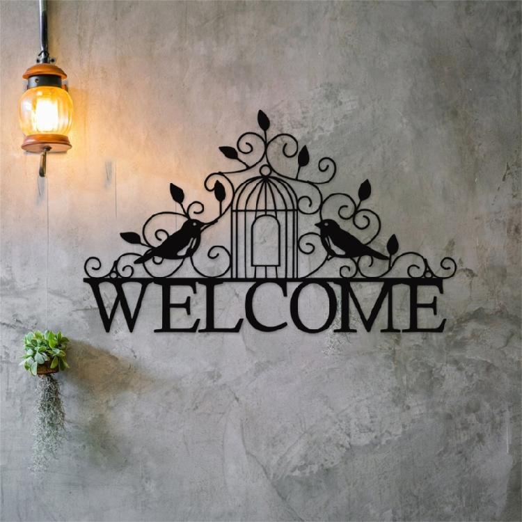 Welcome Sign Metal Sculpture Wall Decors Bird Hanging Pendants for Livingrooms