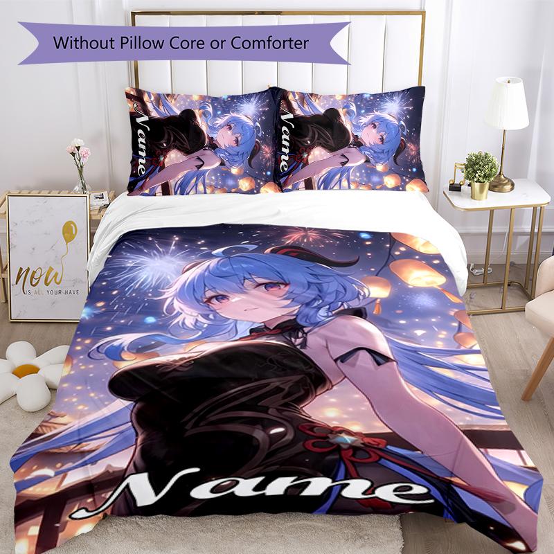 3pcs Custom Name Cartoon Genshin Impact Characters Bedding Set Duvet Cover Closure Includes 1 Duvet Cover & 2 Pillowcases for All Seasons Bedroom Deco