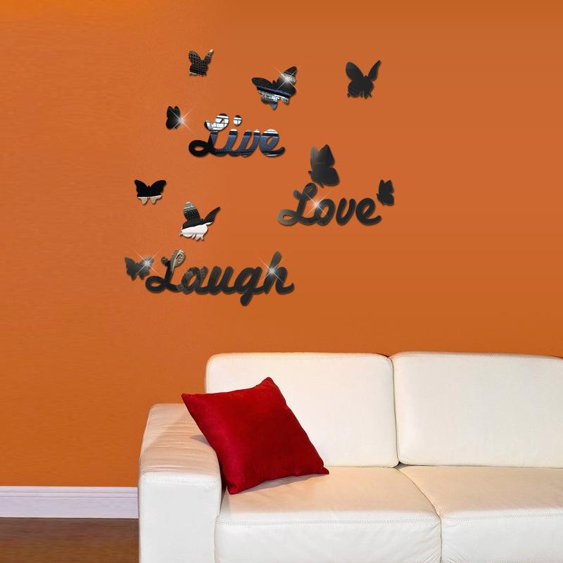 Live Love Laugh Butterfly English Letter Acrylic Mirror Wall Stickers Decoration, Mirror Stickers чёрный