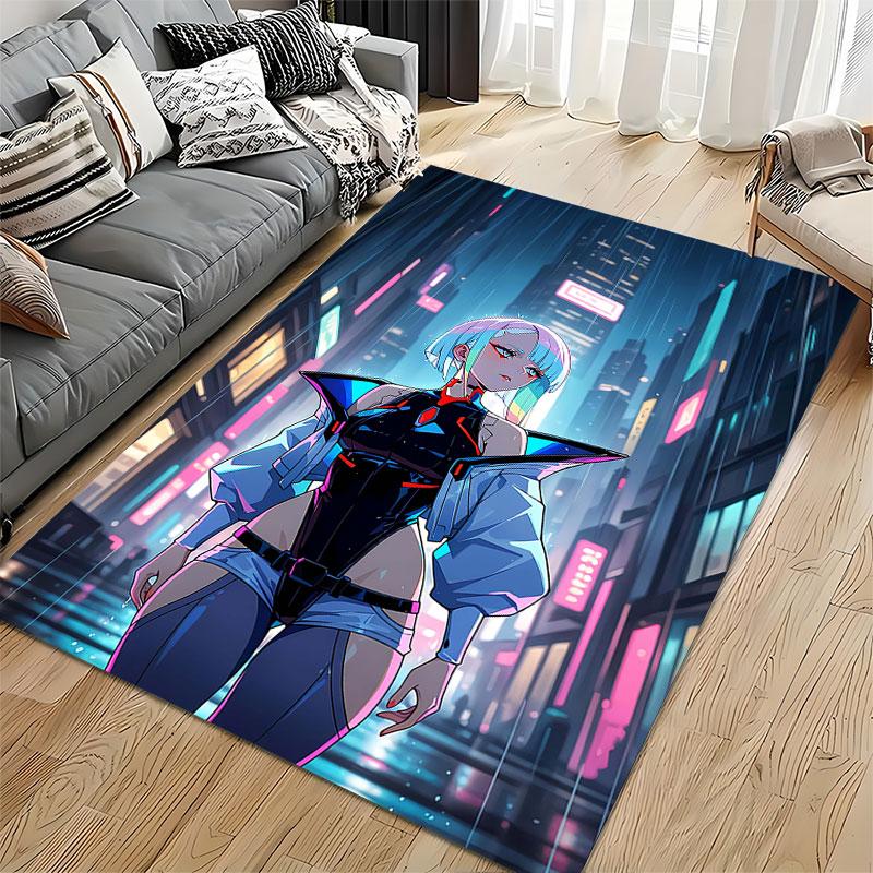 Cyberpunk Girl Neon City Scene suitable as a non-slip mat for the living room or bedroom sofa