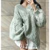 Korejské oversize zelené svetry Dámské Vintage Líný vítr Výstřih do V Roztomilé pletené svetry Podzim Ležérní Volný svetřík s dlouhým rukávem
