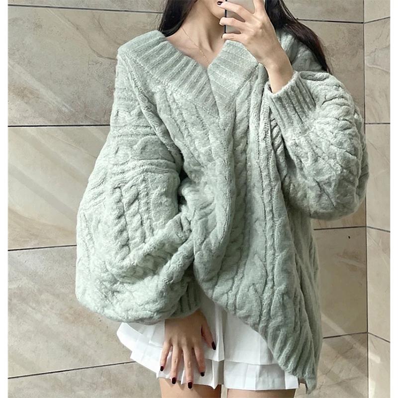 Korejské oversize zelené svetry Dámské Vintage Líný vítr Výstřih do V Roztomilé pletené svetry Podzim Ležérní Volný svetřík s dlouhým rukávem