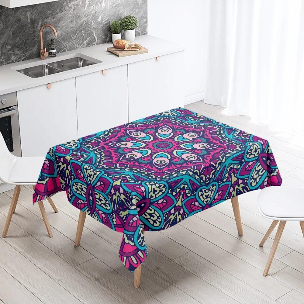 Psychedelic Geometric Mandala Pattern Rectangular Tablecloth Waterproof and Oilproof Wedding Restaurant Kitchen Table Decoration