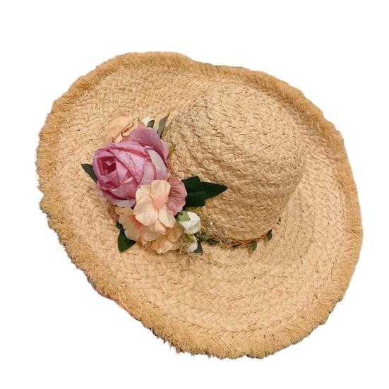 Women Straw Hat Imitation Flower Decor Wide Brim Sun Protection Hat Lightweight Quick-Drying Summer Sun Hat