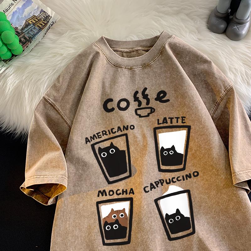 American Retro Trendy Cat Cotton T-shirt Men Women Summer Loose Couple Short Sleeve Tops Vintage Water Washing Tee