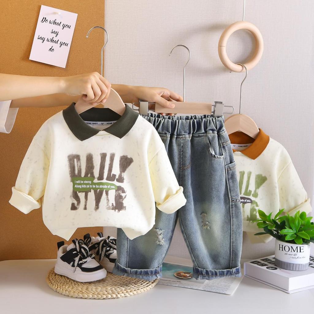 Boys' Long Sleeved Two-piece Set - Collar Letter Printed Hoodie+casual Denim Pants - High-quality Clothing -6 Months -5 Years Old