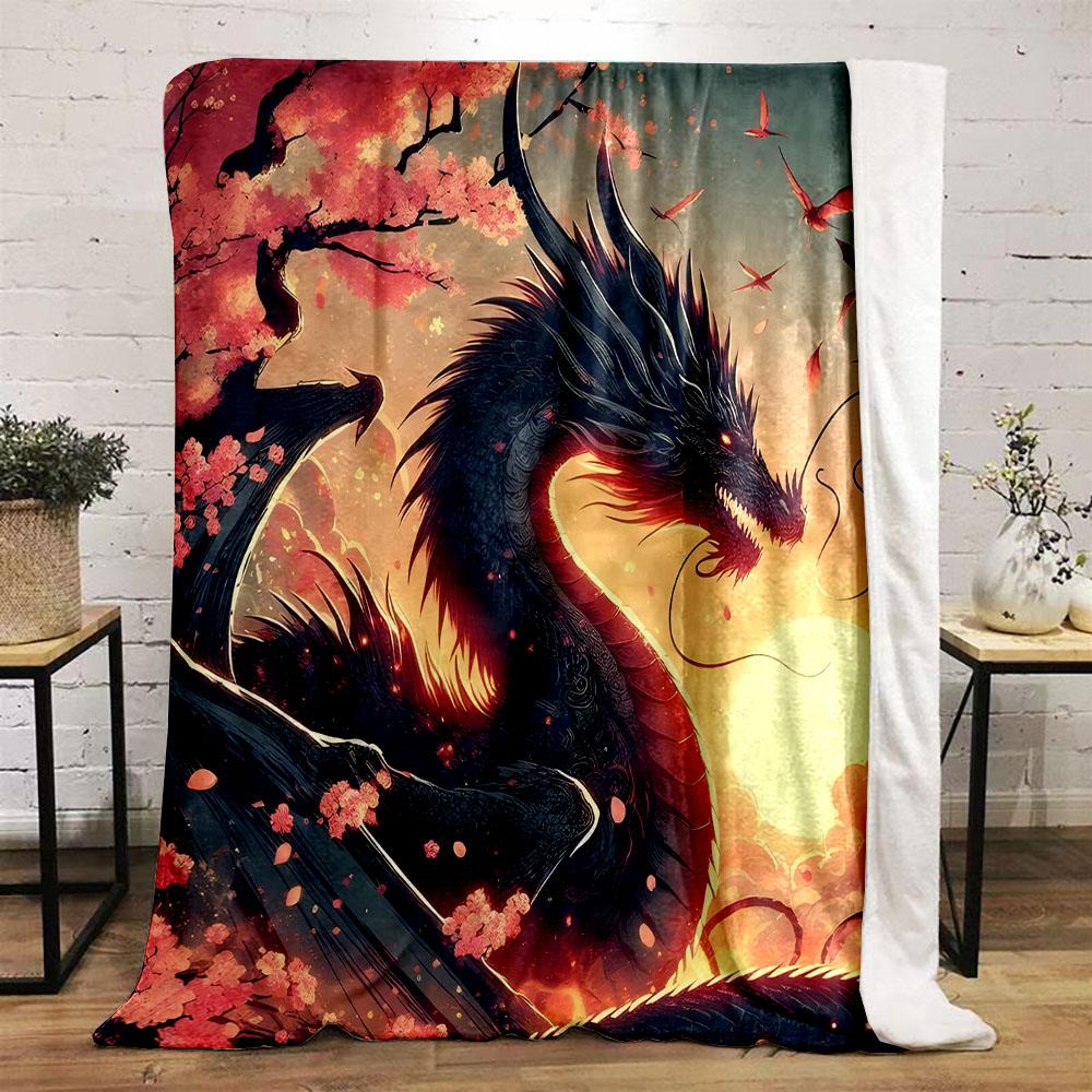 Fiery Dragon with Cherry Blossoms Patterned flannel blanket perfect for the bedroom living room, sofa, or a little nap