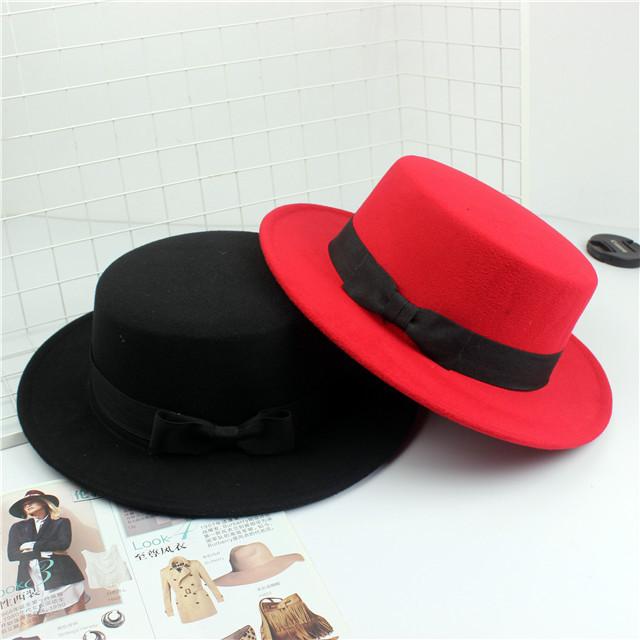 British retro flat top top hat woolen bow flat top jazz hat European and American autumn and winter top hat trendy women's hat