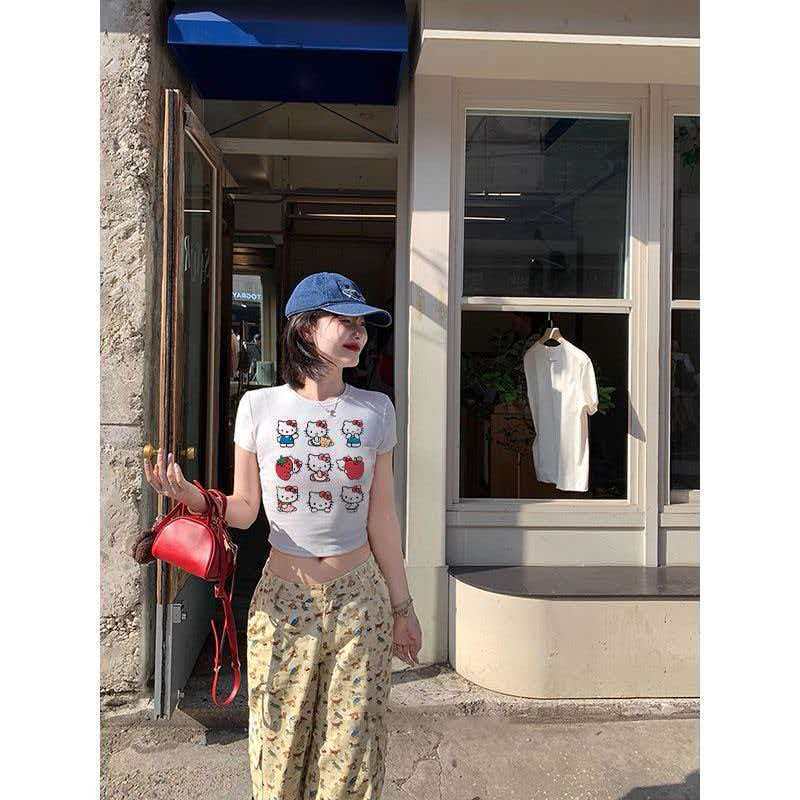 Unique niche Spice Girl Navel Printed Short Sleeve T-Shirt Summer New White Short Student Top M