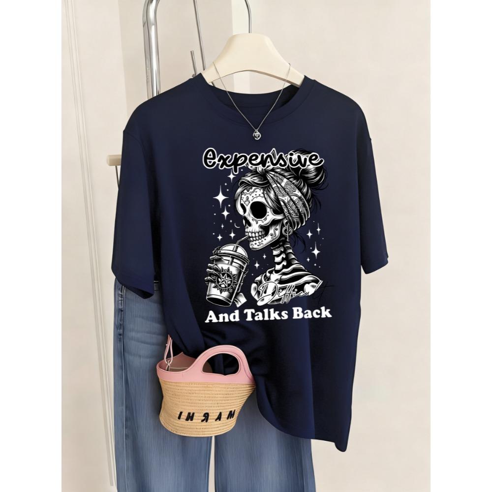 Expensive Talks Back Coffee Skulls Prints T-Shirt Women Sport Breathable T Shirts Crewneck Y2K Short Sleeve Tops