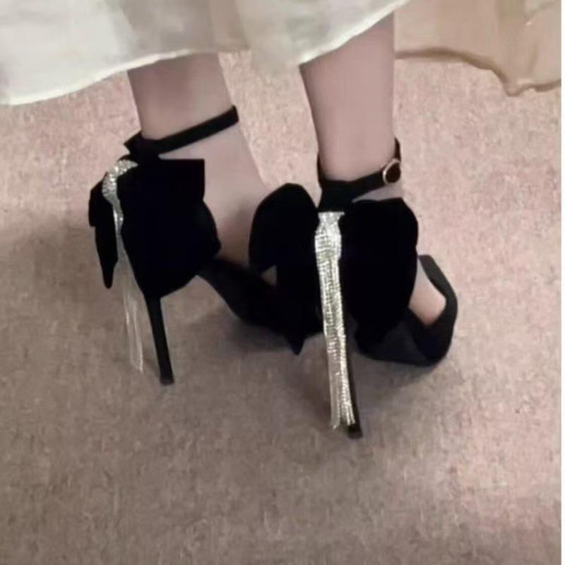 Spring New Single Shoes Women's Pointy Head Shallow Mouth After Bow Sequin Anti-slip Wear-resistant High Heels