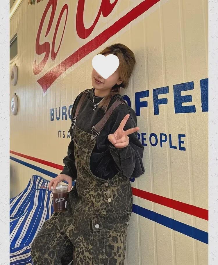 Unisex American Retro Loose Straight Leopard Print Overalls – New Street Style Washed Wide-Leg Multi-Pocket Pants Trend