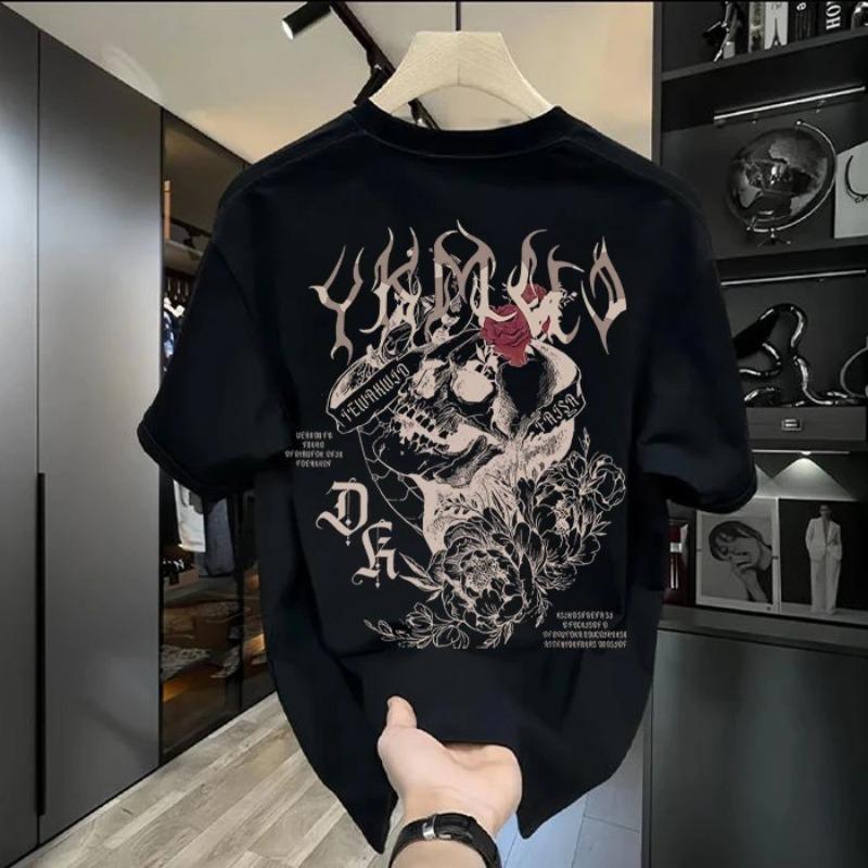 Mens American Style Loose Round Neck Short Sleeve Graphic Printed Casual T Shirt S чёрный