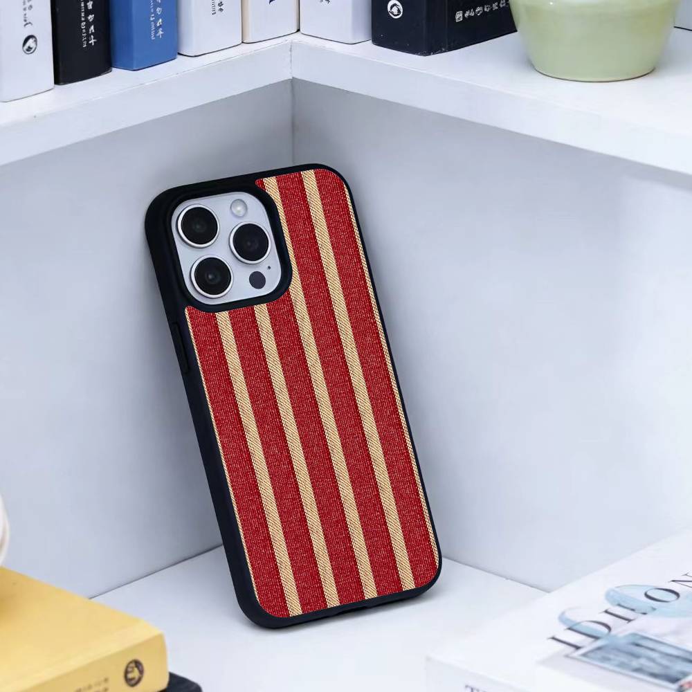 Burgundy White Stripe Phone Case For iPhone17,16,15,14,13 Plus,Pro Max Magnetic For Magsafe Wireless Charging