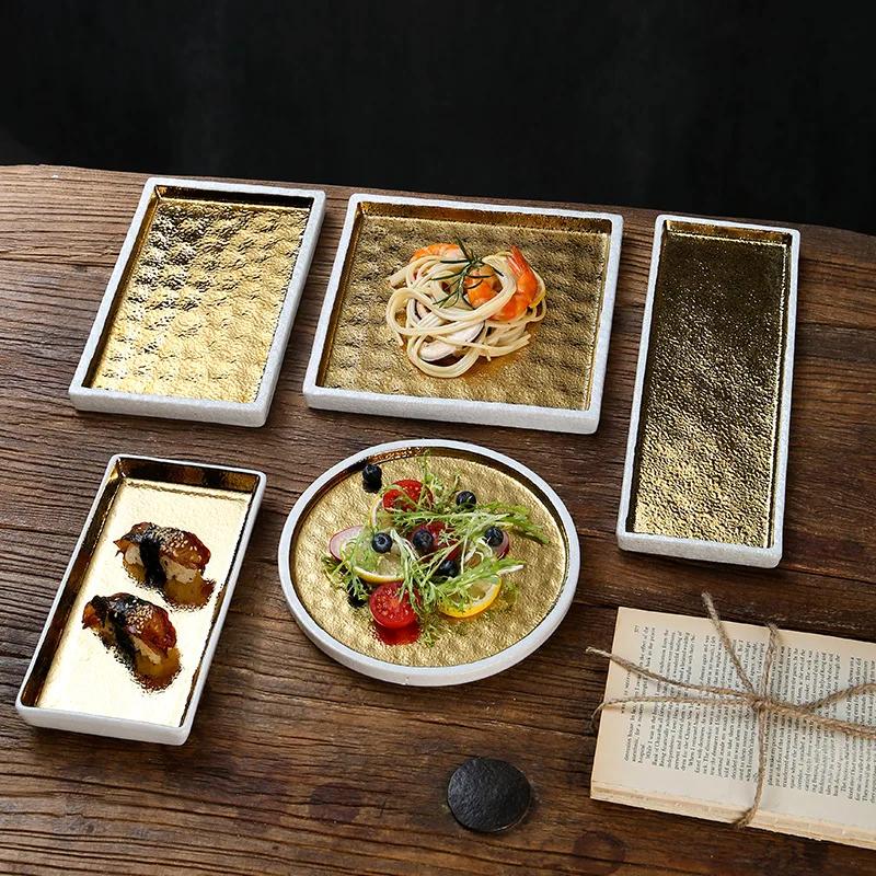 1Pcs Japanese Sushi Plate Gold-plated Ceramic Tableware Creative Steak Plate Roast Bird   Barbecue   Premium Sense Tray