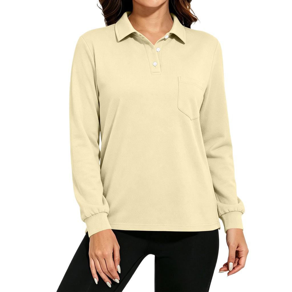 Women's Long Sleeve Button Down Color Blouse with Pockets and Side Slits Casual Collared Top