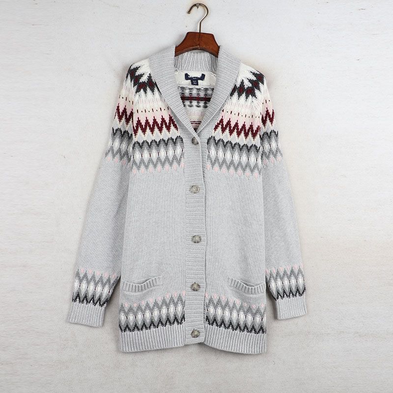 

Winter Foreign Trade European and American plus Plus Size Jacquard Mid Length Long Length Women s Clothing Thick Sweater Overcoat Cardigan Knitwear Grey wine red flower L: Bust size 116