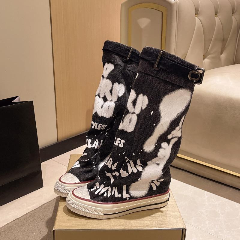 Fashion Women's Knee-high Boots Fashion Cowboy Canvas Boots Designer Graffiti Long Boots for Women Pleats Stacking Boot Botas De Mujer