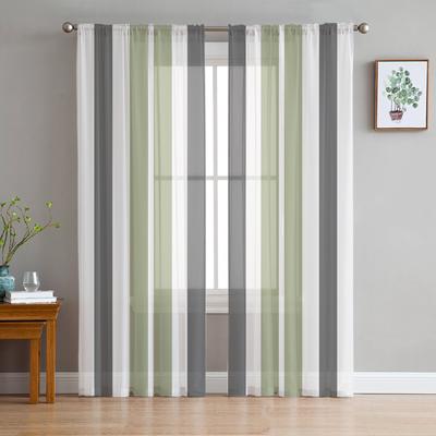 Cortinas transparentes com listras cinza e verde para decoração de sala de estar Cortinas de janela para cozinha Cortinas de tule voile organza