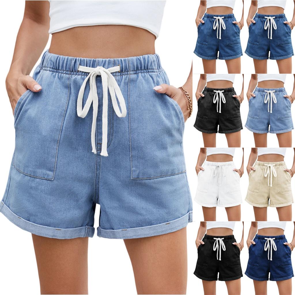 Women's Fashion Solid Color Pocket Curled Edge Elastic Waist Strap Casual Denim Shorts