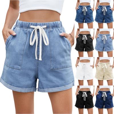 Women's Fashion Solid Color Pocket Curled Edge Elastic Waist Strap Casual Denim Shorts