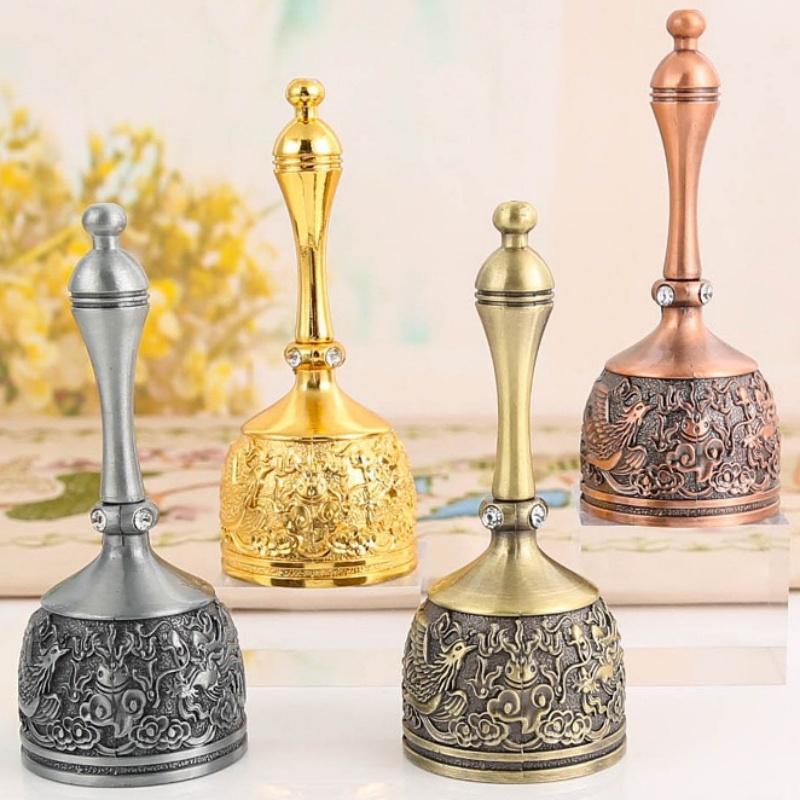 Hand Call Dinner Bell,Engraving Inlaid Gem Multi-Purpose Bells Craft Hand-Cranked Bell Alarm School Church Hotel Vintage Bell
