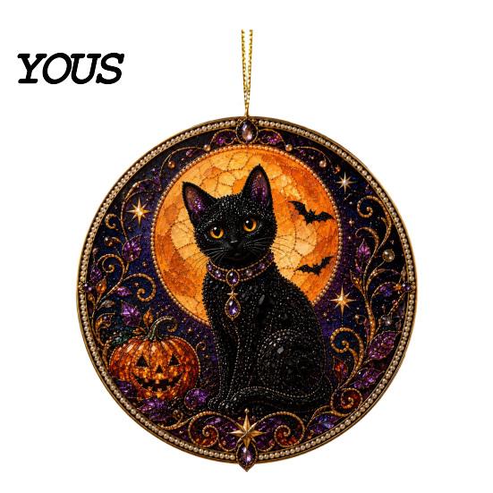 Symbolic Love Keepsake Black Cat Pearl Diamond Art Painting Ornament, 2D Flat Acrylic Cute Piece Hanging Suncatcher, Beaded Pattern Window Wall