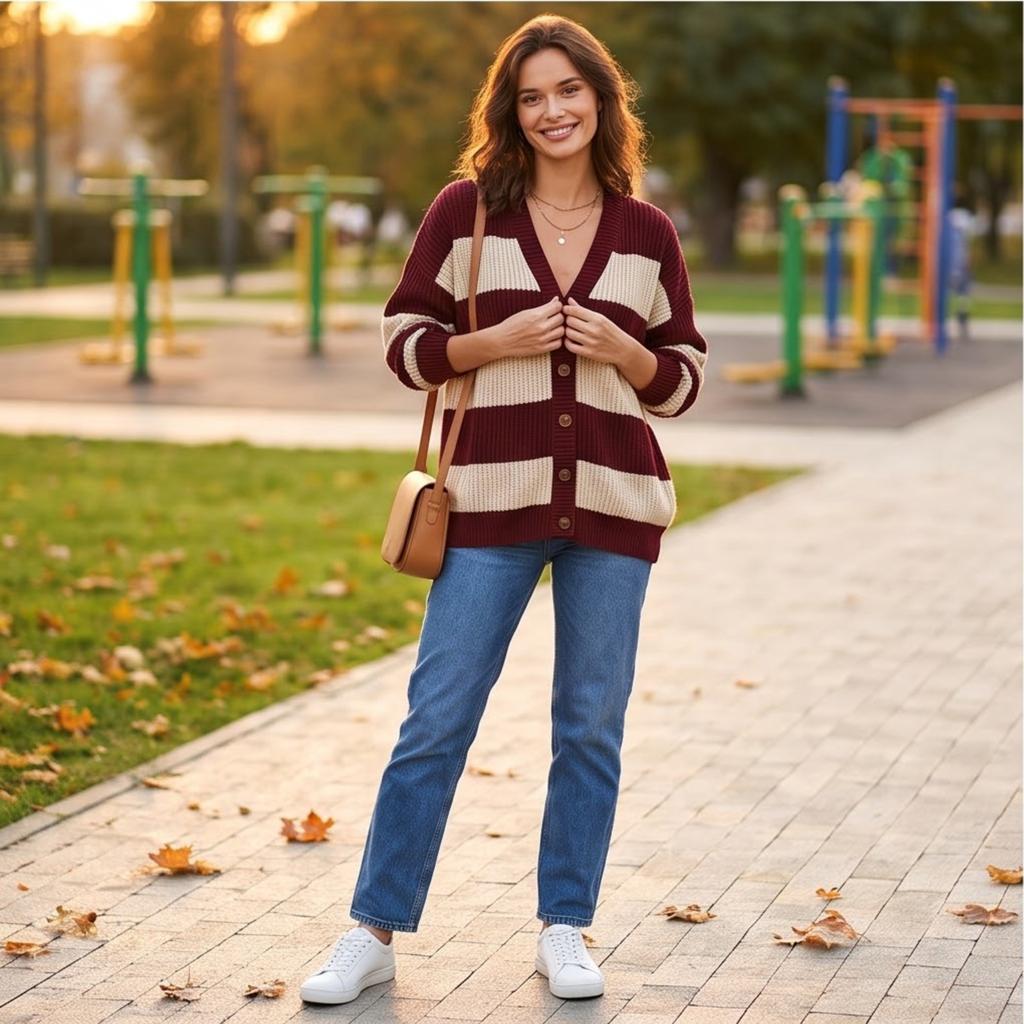 Women's Casual Color Block Striped V-Neck Knit Cardigan Open Front Sweater for Spring and Fall
