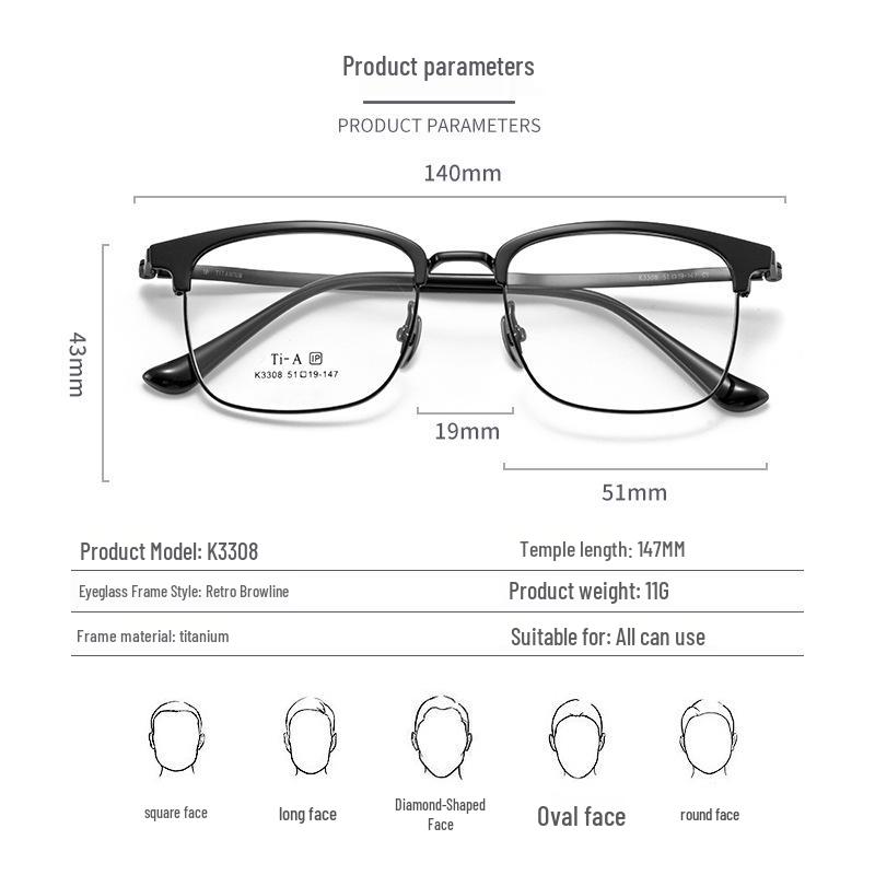 Kemin Men's Titanium Eyebrow Frame: Fashionable, Prescription-Ready Square Design with IP Electroplating - Model 3308.