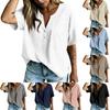 Women Casual V Neck Blouse Short Sleeve Bohemian Style Shirt Loose Fit Lightweight Summer Top with Button Detail and Pocket