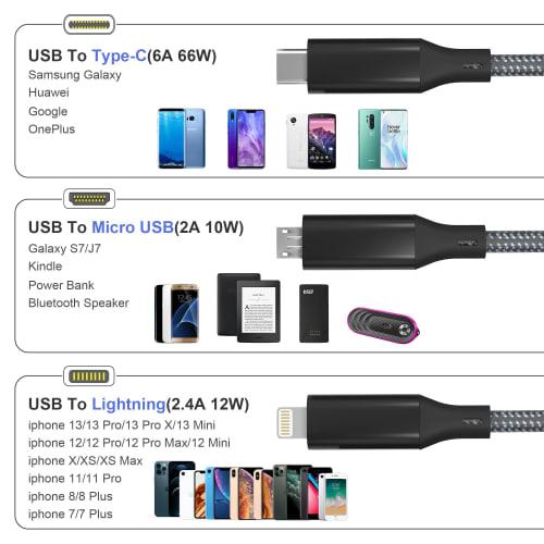 3in1 Charging Cable 3M Multi Charging Cable Nylon Braided Cord 6A Fast Charging USB Type C Cable Micro USB Cable Lightning Charging Cable Simultaneous