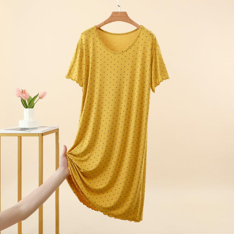 Damen Sommer Modal Pünktchen Rüschen Kurzarm Midi Kleid Übergröße Schmeichelnd Lockerer Schnitt Nachthemd Lässiges Nachthemd Loungewear Kleider