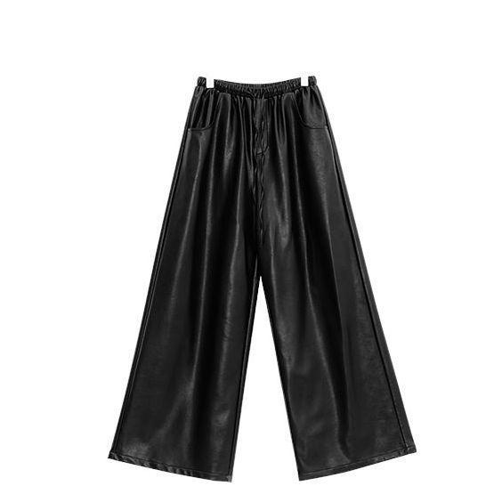 

Early Autumn Black High Waist Wide Leg PU Leather Pants for Women - Slimming and Casual Floor-Length Style XL чёрный