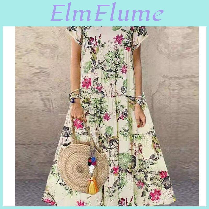 Oneck Kleid Lässig Damen Sommer Für Urlaub Vintage Floral Bedrucktes Kurzarm Locker Langes Kleid Damenbekleidung 25437
