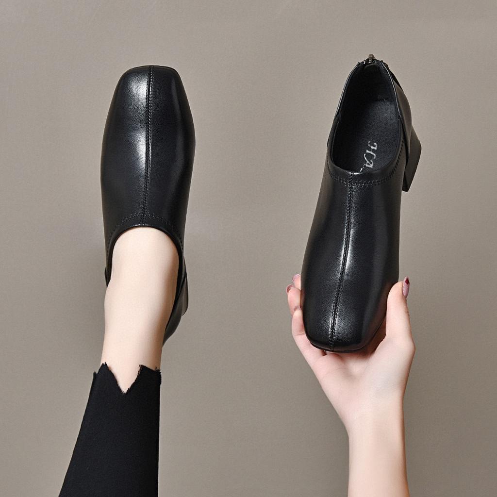 Square Head Deep Mouth Single Shoes Women's Spring New Thick Heel Sheepskin Simple Temperament Rear Zipper Women's Shoes Net Version Ankle Shoes