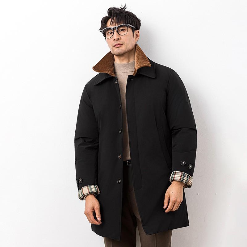 Mens Mid-Length Down Jacket Light Business Style Warm Winter Coat Slim Fit Solid Color Multiple Pockets