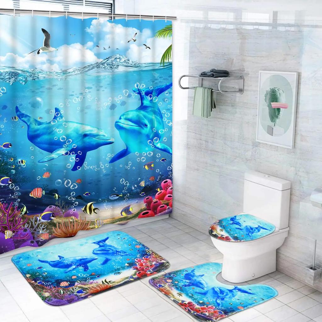 Deep Ocean Dolphin 3D Printing Waterproof Fabric Shower Curtain Set Bathroom Curtains Toilet Cover Mat Non Slip Rug Home Decor