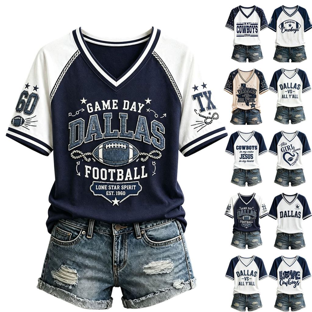 Women's Casual V-Neck Short Sleeve Tee with Football Team Print, Lightweight Breathable Summer Top
