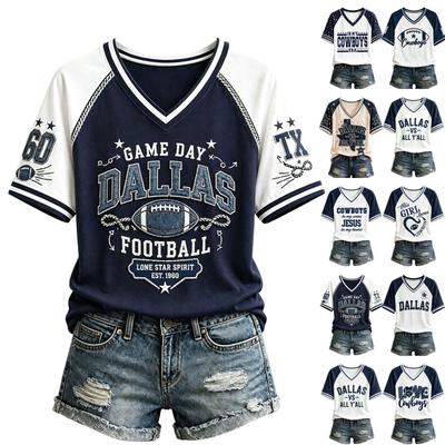 Women's Casual V-Neck Short Sleeve Tee with Football Team Print, Lightweight Breathable Summer Top