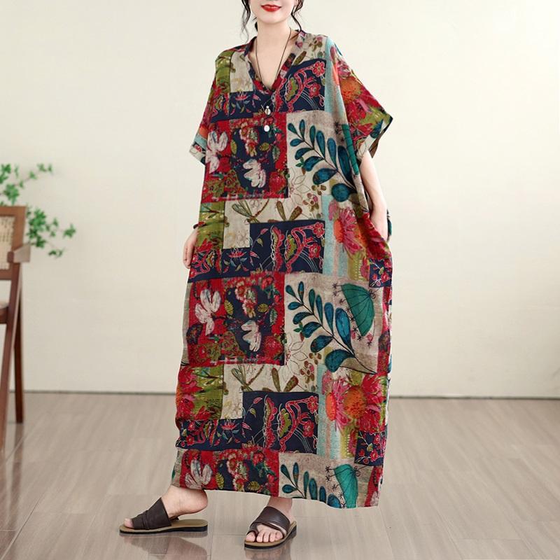 Abito estivo lungo maxi casual ampio da donna taglie forti manica corta cotone floreale vintage nuovo