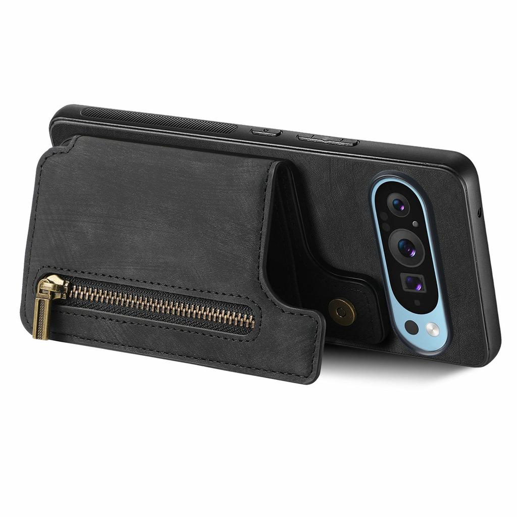For Google Pixel 9 Pro XL Case with Card Holder Retro Leather+TPU Zipper Phone Cover
