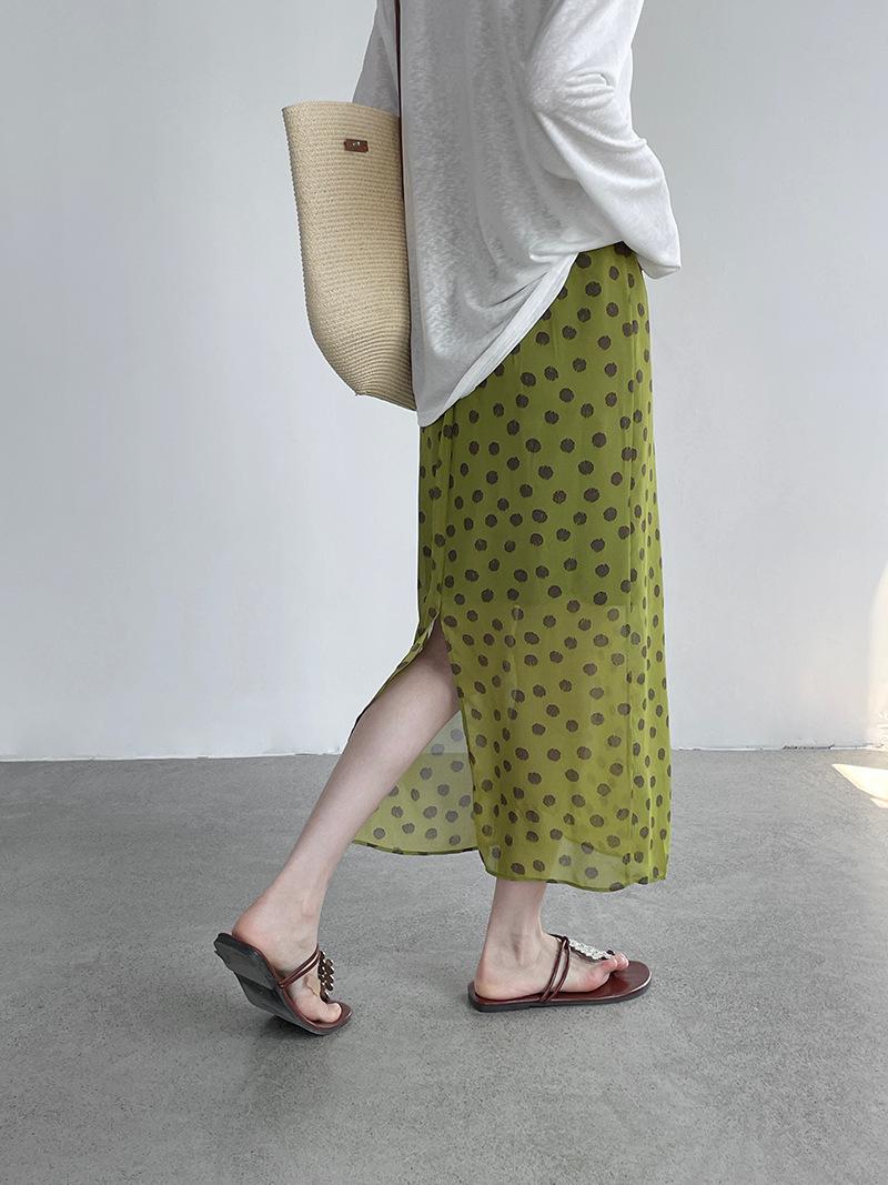 Taochuan [Polka Dot Summer] Relaxing Holiday Wind Polka Dot Skirt Women s Chiffon Elegant and Versatile Skirt 26039 M зелёный
