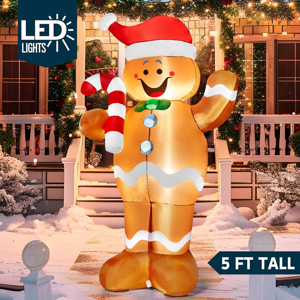 JOYFY 5 FT Christmas Gingerbread Man Inflatable Outdoor Decoration with Candy Canes for Xmas Outdoor Inflatables Decor