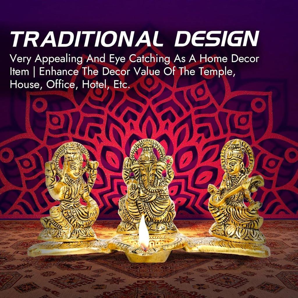 God Idols for Pooja | Metal Antique Ganesh laxmi Saraswati Sculpture Murti for Home Decor | Decorative Platter with Diya Ganpati